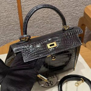 Hermes Kelly 25 Bag Handmade In Niloticus Leather from Nile Gold Hardware 88 Graphite - Image 11