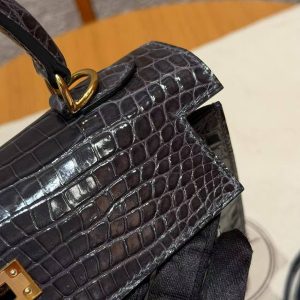 Hermes Kelly 25 Bag Handmade In Niloticus Leather from Nile Gold Hardware 88 Graphite - Image 10