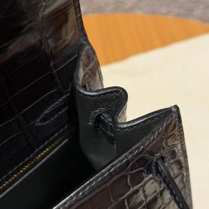 Hermes Kelly 25 Bag Handmade In Niloticus Leather from Nile Gold Hardware 88 Graphite - Image 9