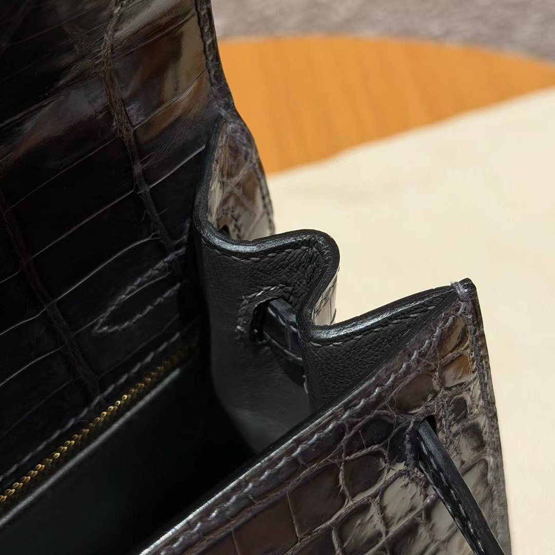 Hermes Kelly 25 Bag Handmade In Niloticus Leather from Nile Gold Hardware 88 Graphite - Image 9