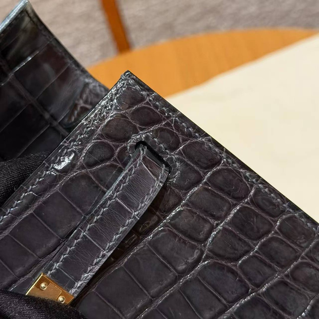 Hermes Kelly 25 Bag Handmade In Niloticus Leather from Nile Gold Hardware 88 Graphite - Image 8