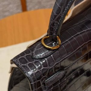 Hermes Kelly 25 Bag Handmade In Niloticus Leather from Nile Gold Hardware 88 Graphite - Image 6