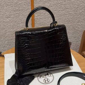 Hermes Kelly 25 Bag Handmade In Bright Faced Alligator Leather Gold Hardware 89 Noir - Image 2