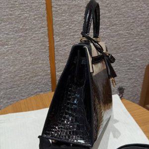 Hermes Kelly 25 Bag Handmade In Bright Faced Alligator Leather Gold Hardware 89 Noir - Image 19