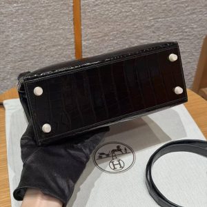 Hermes Kelly 25 Bag Handmade In Bright Faced Alligator Leather Gold Hardware 89 Noir - Image 18