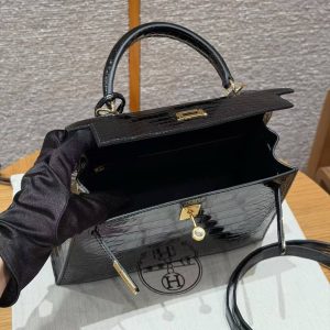 Hermes Kelly 25 Bag Handmade In Bright Faced Alligator Leather Gold Hardware 89 Noir - Image 17