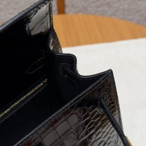 Hermes Kelly 25 Bag Handmade In Bright Faced Alligator Leather Gold Hardware 89 Noir - Image 16