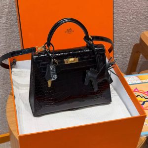 Hermes Kelly 25 Bag Handmade In Bright Faced Alligator Leather Gold Hardware 89 Noir - Image 12