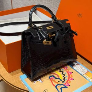 Hermes Kelly 25 Bag Handmade In Bright Faced Alligator Leather Gold Hardware 89 Noir - Image 11