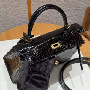 Hermes Kelly 25 Bag Handmade In Bright Faced Alligator Leather Gold Hardware 89 Noir - Image 9