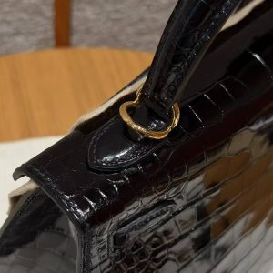 Hermes Kelly 25 Bag Handmade In Bright Faced Alligator Leather Gold Hardware 89 Noir - Image 7