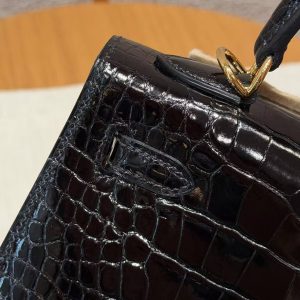 Hermes Kelly 25 Bag Handmade In Bright Faced Alligator Leather Gold Hardware 89 Noir - Image 6