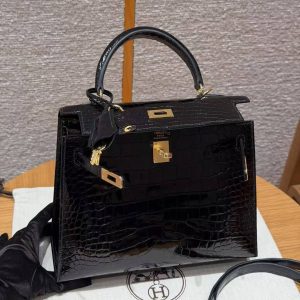 Hermes Kelly 25 Bag Handmade In Bright Faced Alligator Leather Gold Hardware 89 Noir - Image 5