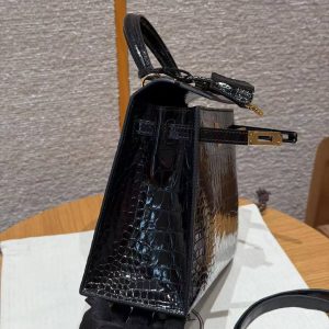 Hermes Kelly 25 Bag Handmade In Bright Faced Alligator Leather Gold Hardware 89 Noir - Image 4