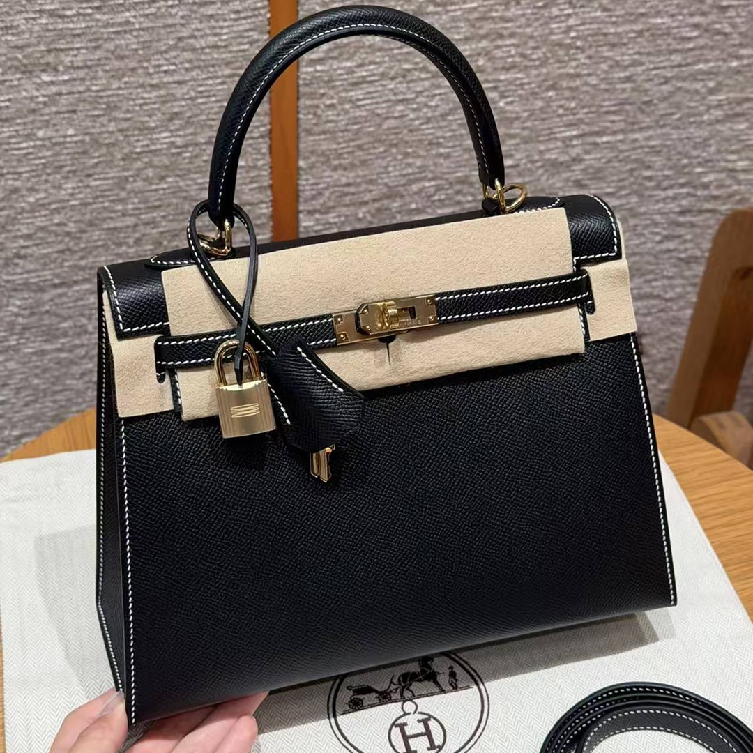 Hermes Kelly 25 Bag Handmade In Epsom Calfskin Leather From France Gold Hardware 89 Noir