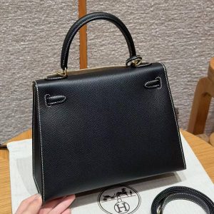 Hermes Kelly 25 Bag Handmade In Epsom Calfskin Leather From France Gold Hardware 89 Noir - Image 2
