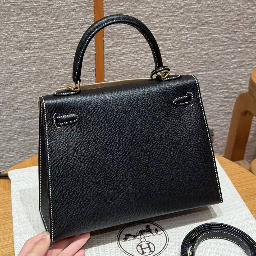 Hermes Kelly 25 Bag Handmade In Epsom Calfskin Leather From France Gold Hardware 89 Noir - Image 2
