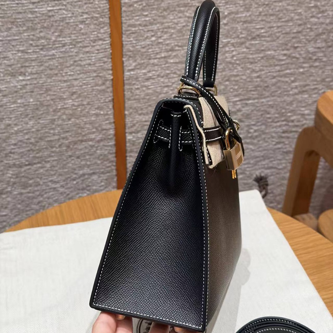 Hermes Kelly 25 Bag Handmade In Epsom Calfskin Leather From France Gold Hardware 89 Noir - Image 19