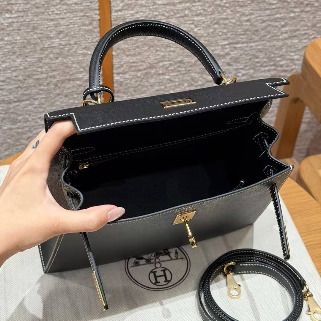 Hermes Kelly 25 Bag Handmade In Epsom Calfskin Leather From France Gold Hardware 89 Noir - Image 17