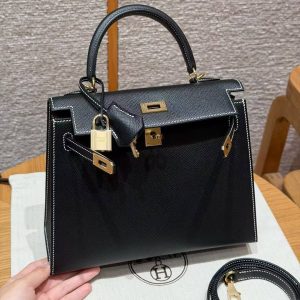 Hermes Kelly 25 Bag Handmade In Epsom Calfskin Leather From France Gold Hardware 89 Noir - Image 13
