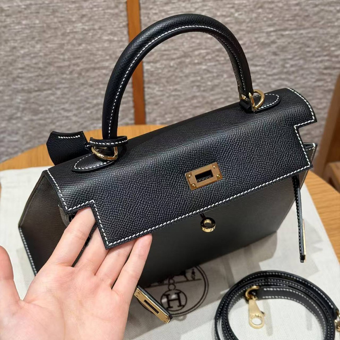Hermes Kelly 25 Bag Handmade In Epsom Calfskin Leather From France Gold Hardware 89 Noir - Image 11