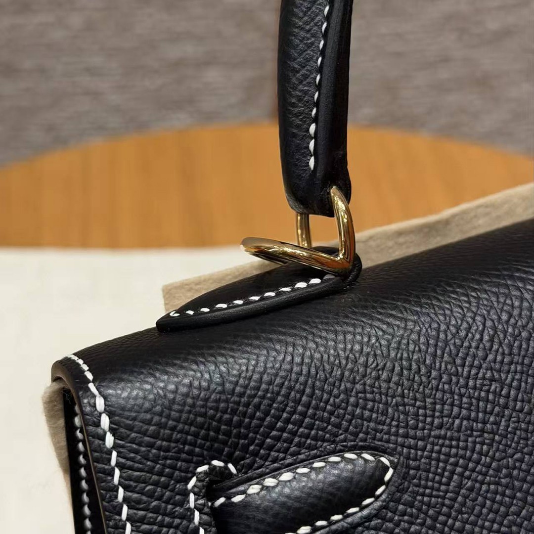Hermes Kelly 25 Bag Handmade In Epsom Calfskin Leather From France Gold Hardware 89 Noir - Image 7