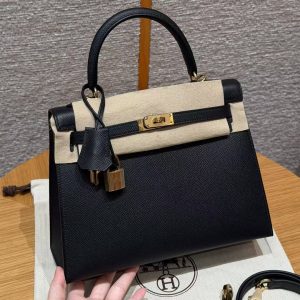 Hermes Kelly 25 Bag Handmade In Epsom Calfskin Leather Gold Hardware 89 Noir