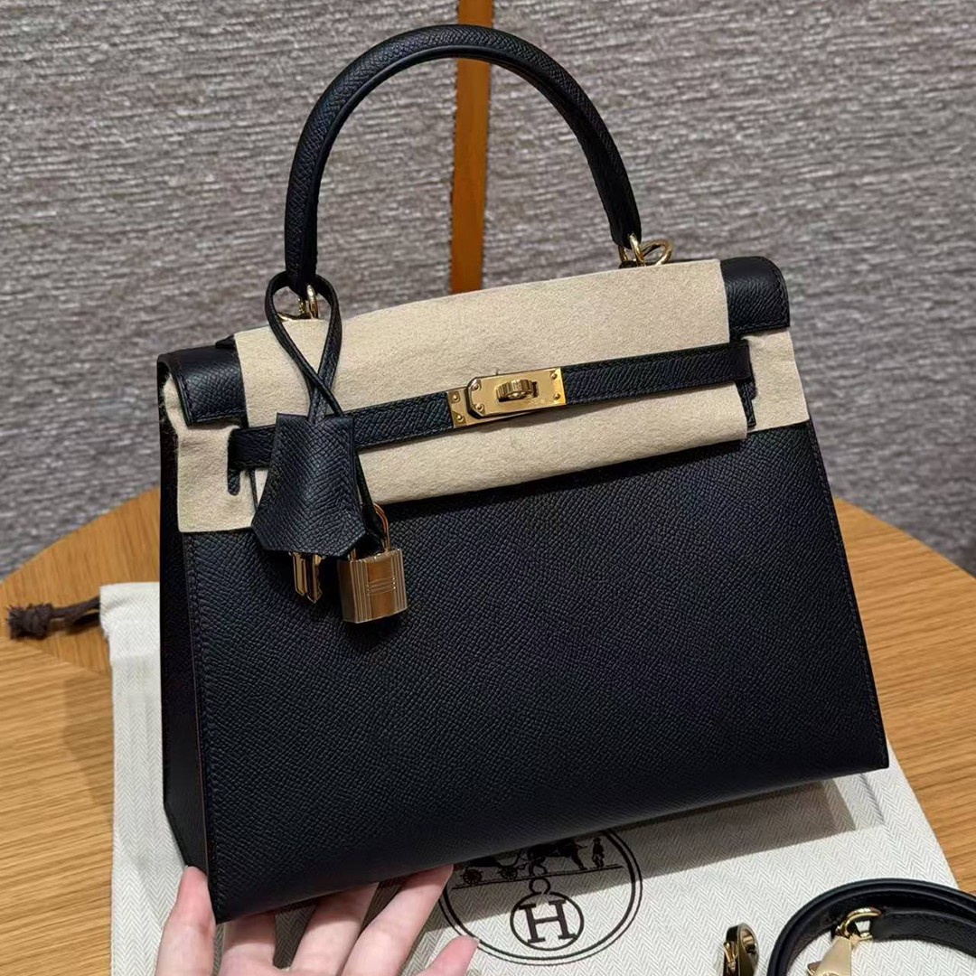 Hermes Kelly 25 Bag Handmade In Epsom Calfskin Leather Gold Hardware 89 Noir