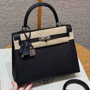 Hermes Kelly 25 Bag Handmade In Epsom Calfskin Leather Silver Hardware 89 Noir
