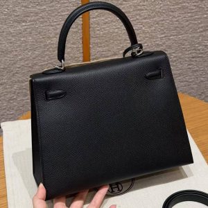 Hermes Kelly 25 Bag Handmade In Epsom Calfskin Leather Silver Hardware 89 Noir - Image 2