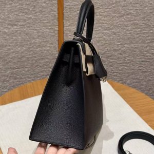Hermes Kelly 25 Bag Handmade In Epsom Calfskin Leather Silver Hardware 89 Noir - Image 18