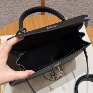 Hermes Kelly 25 Bag Handmade In Epsom Calfskin Leather Silver Hardware 89 Noir - Image 15