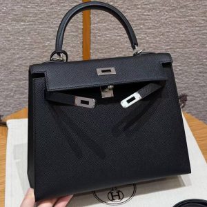 Hermes Kelly 25 Bag Handmade In Epsom Calfskin Leather Silver Hardware 89 Noir - Image 11