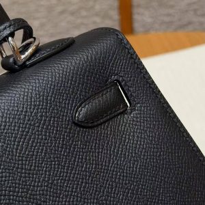 Hermes Kelly 25 Bag Handmade In Epsom Calfskin Leather Silver Hardware 89 Noir - Image 7
