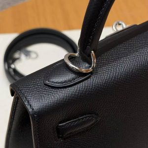 Hermes Kelly 25 Bag Handmade In Epsom Calfskin Leather Silver Hardware 89 Noir - Image 5