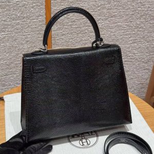 Alternative view of Hermes Kelly 25 Bag Handmade In Lizard Imported Leather from South Africa Silver Hardware 89 Noir