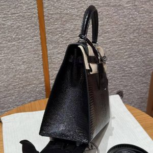 Hermes Kelly 25 Bag Handmade In Lizard Imported Leather from South Africa Silver Hardware 89 Noir - Image 18