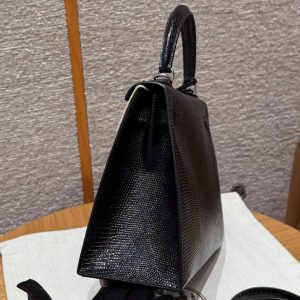 Hermes Kelly 25 Bag Handmade In Lizard Imported Leather from South Africa Silver Hardware 89 Noir - Image 17