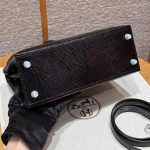 Hermes Kelly 25 Bag Handmade In Lizard Imported Leather from South Africa Silver Hardware 89 Noir - Image 16