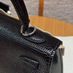 Hermes Kelly 25 Bag Handmade In Lizard Imported Leather from South Africa Silver Hardware 89 Noir - Image 13