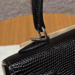 Hermes Kelly 25 Bag Handmade In Lizard Imported Leather from South Africa Silver Hardware 89 Noir - Image 12