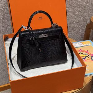 Hermes Kelly 25 Bag Handmade In Lizard Imported Leather from South Africa Silver Hardware 89 Noir - Image 11