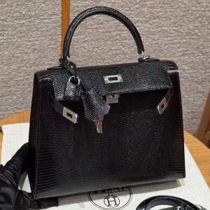 Hermes Kelly 25 Bag Handmade In Lizard Imported Leather from South Africa Silver Hardware 89 Noir - Image 10