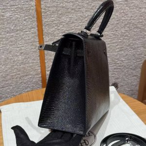 Hermes Kelly 25 Bag Handmade In Lizard Imported Leather from South Africa Silver Hardware 89 Noir - Image 9