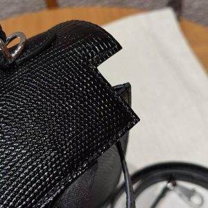 Hermes Kelly 25 Bag Handmade In Lizard Imported Leather from South Africa Silver Hardware 89 Noir - Image 8