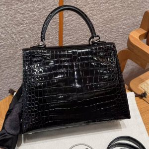 Hermes Kelly 25 Bag Handmade In Porosus Crocodile Leather From France Silver Hardware 89 Noir - Image 2