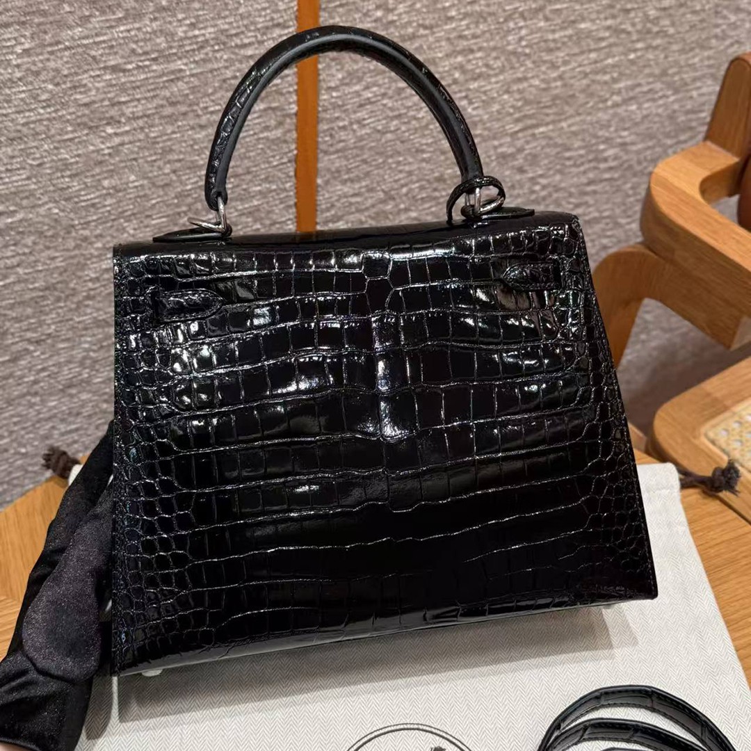 Hermes Kelly 25 Bag Handmade In Porosus Crocodile Leather From France Silver Hardware 89 Noir - Image 2