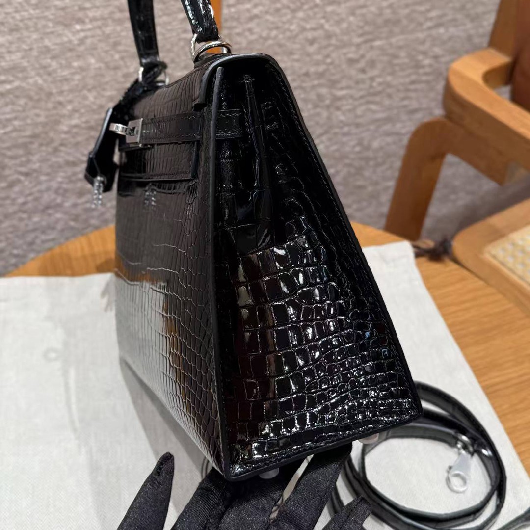 Hermes Kelly 25 Bag Handmade In Porosus Crocodile Leather From France Silver Hardware 89 Noir - Image 27