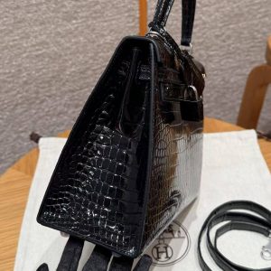 Hermes Kelly 25 Bag Handmade In Porosus Crocodile Leather From France Silver Hardware 89 Noir - Image 26