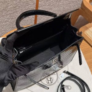 Hermes Kelly 25 Bag Handmade In Porosus Crocodile Leather From France Silver Hardware 89 Noir - Image 24